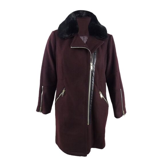 Michael Michael Kors Women's Faux-Fur-Trim Asymmetrical Coat (PXXL, Burgundy) - Picture 1 of 3